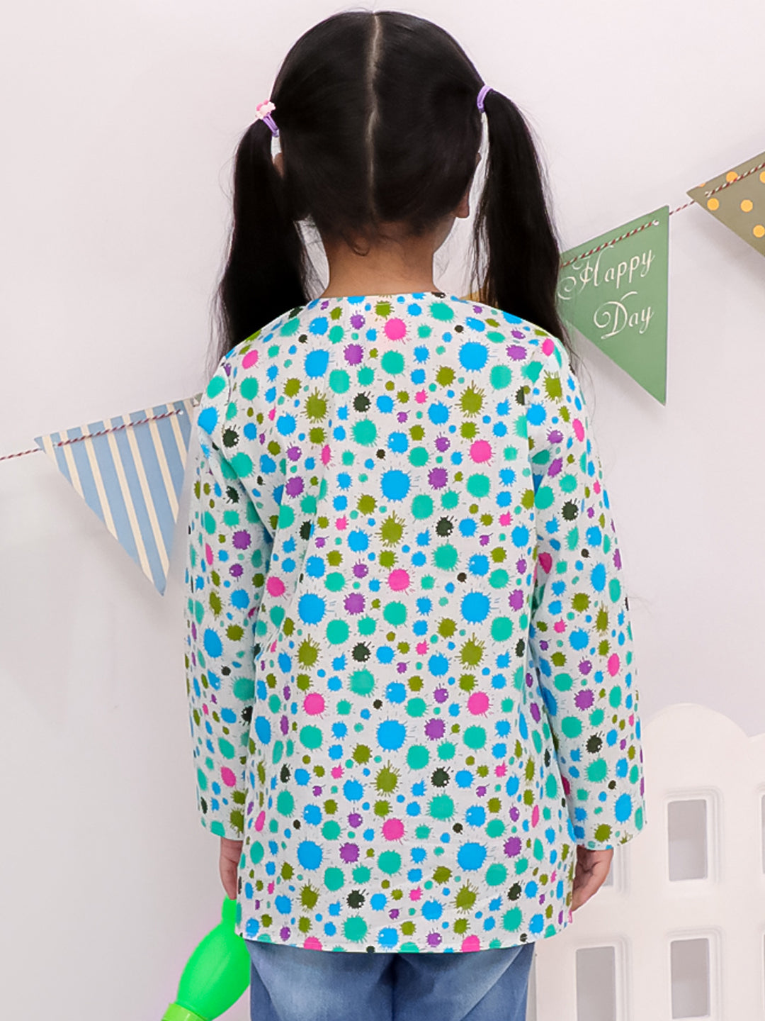 Playful Dot Print Cotton Kurta For Girls Blue