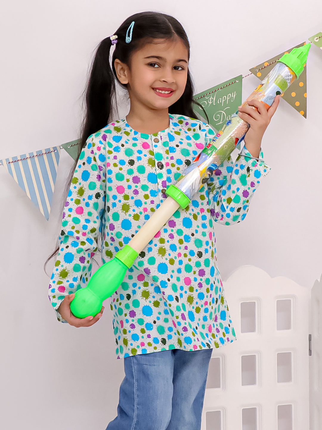Playful Dot Print Cotton Kurta For Girls Blue