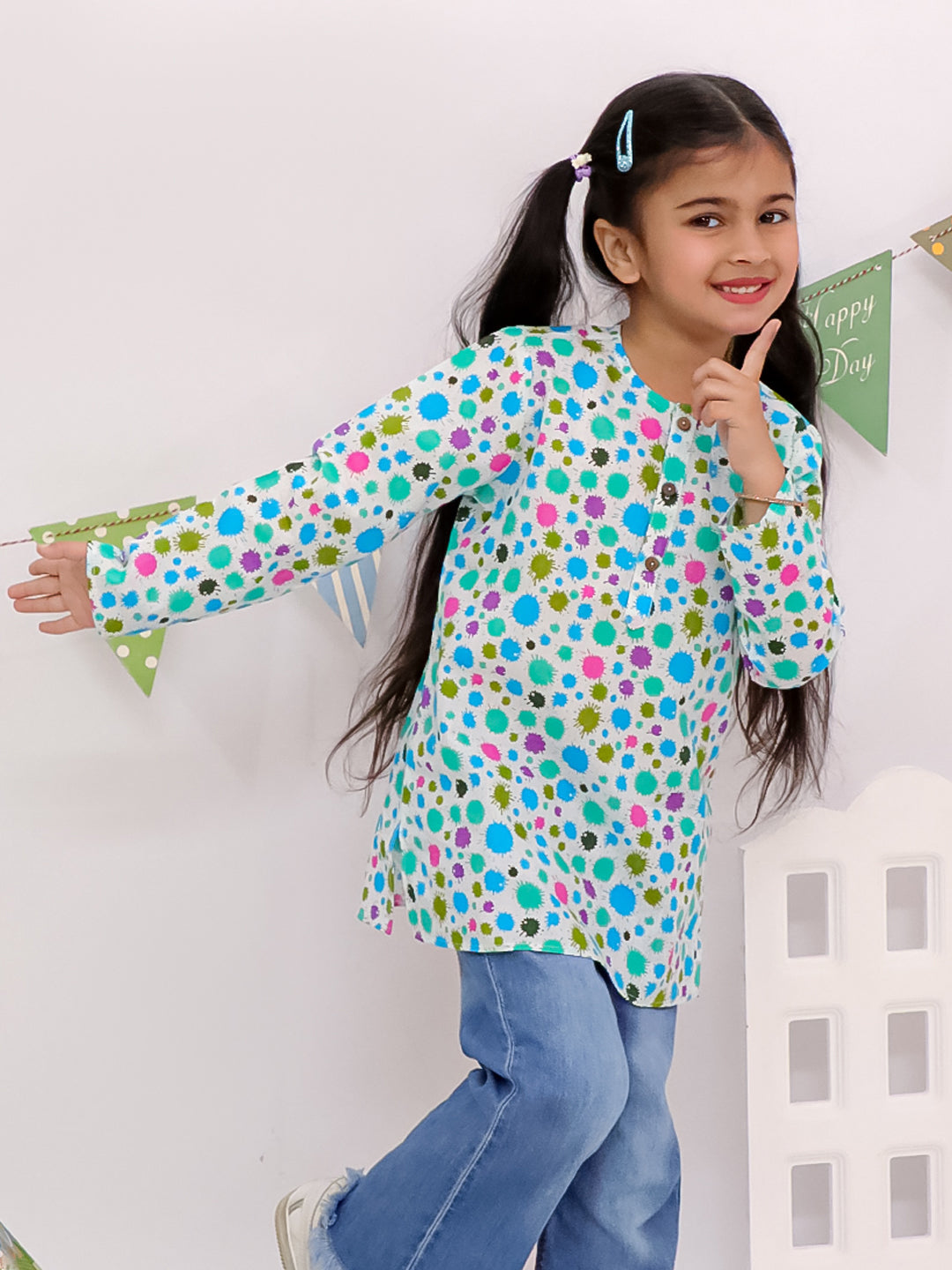 Playful Dot Print Cotton Kurta For Girls Blue
