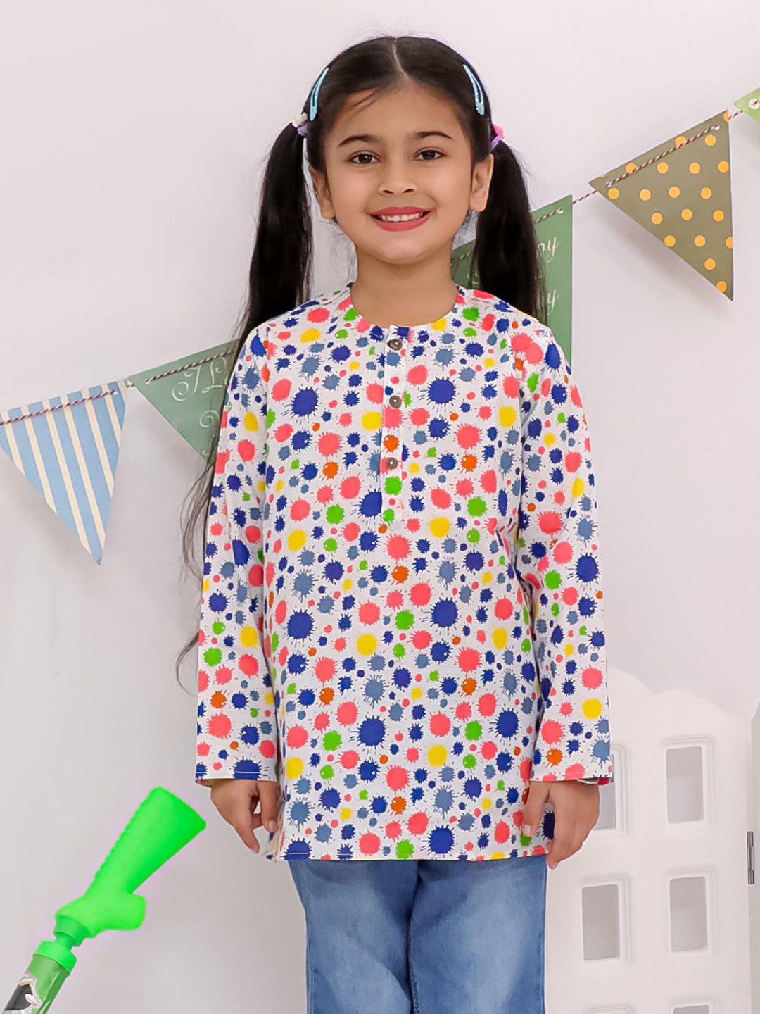 Playful Dot Print Cotton Kurta For Girls Orange
