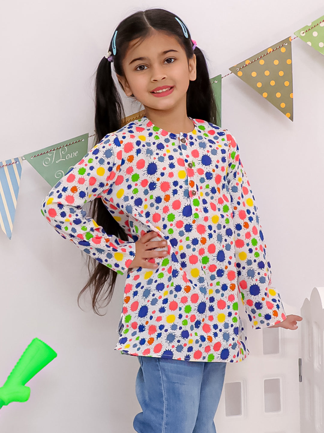 Playful Dot Print Cotton Kurta For Girls Orange