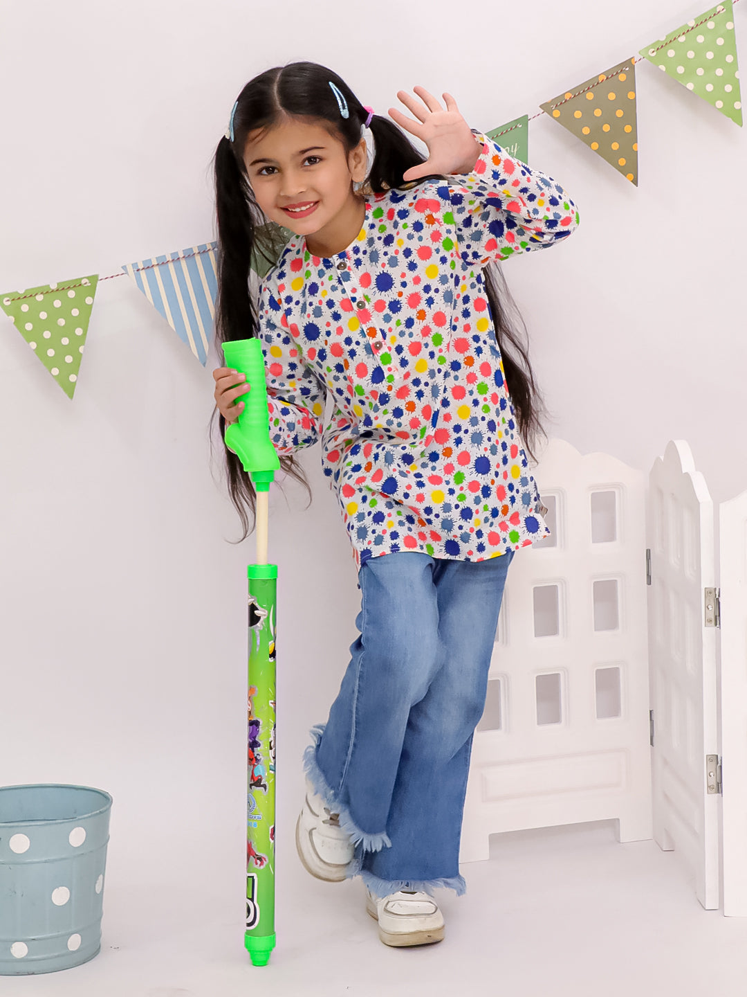 Playful Dot Print Cotton Kurta For Girls Orange