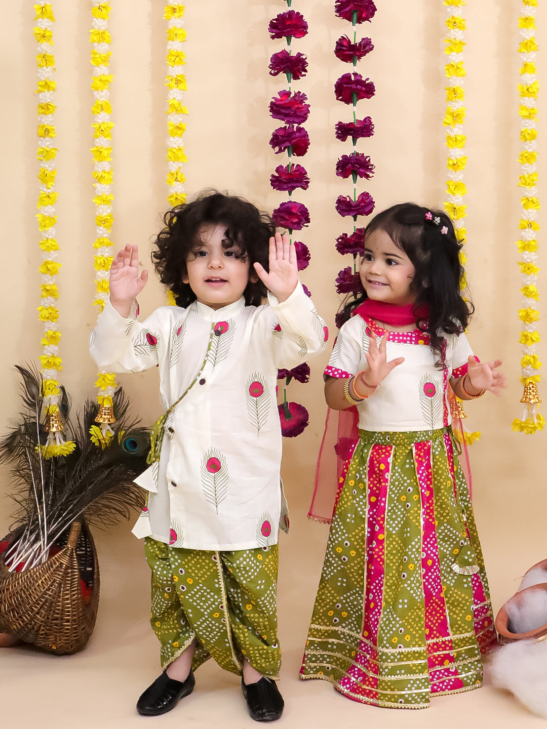 Kid One Radha Pure Cotton Printed Lehenga Choli And Dupatta Set For Girls Pink With Kanha Pure Cotton Printed Kurta Dhoti Set For Boys Green