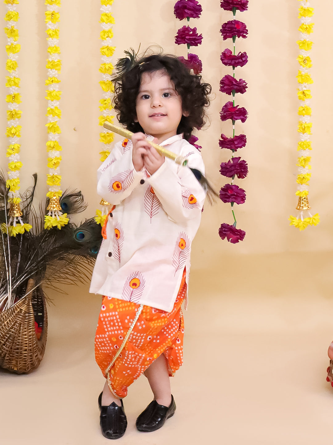 Kid One Kanha Pure Cotton Printed Kurta Dhoti Set For Boys Orange