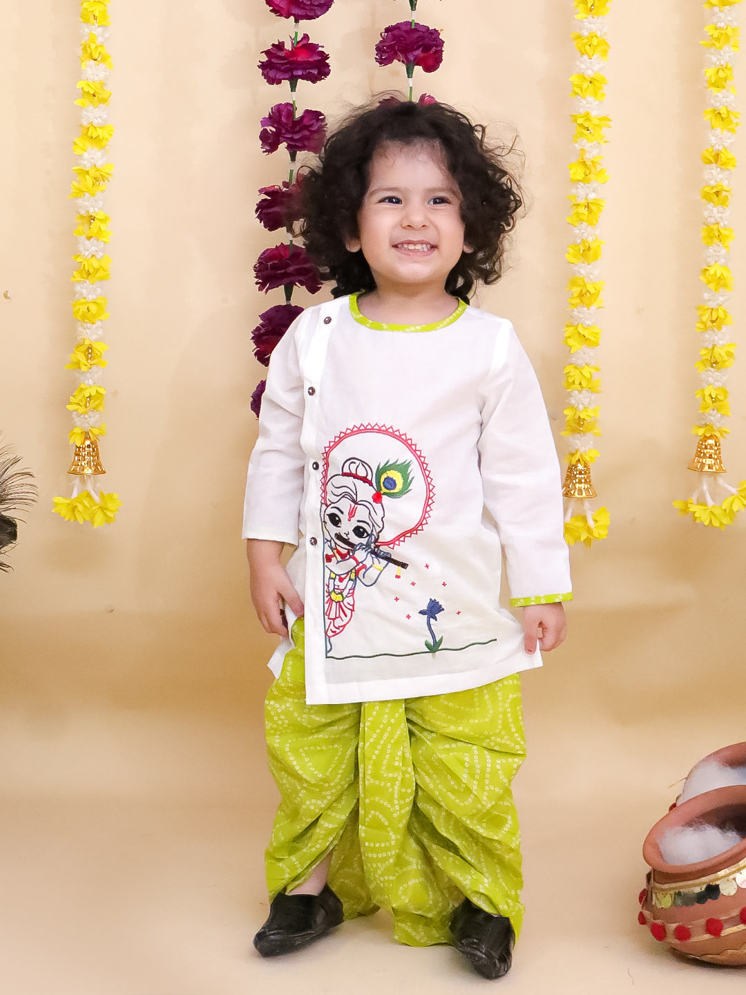 Kid One Nandlala Pure Cotton Embroidered Kurta Dhoti Set For Boys White - Made on Order