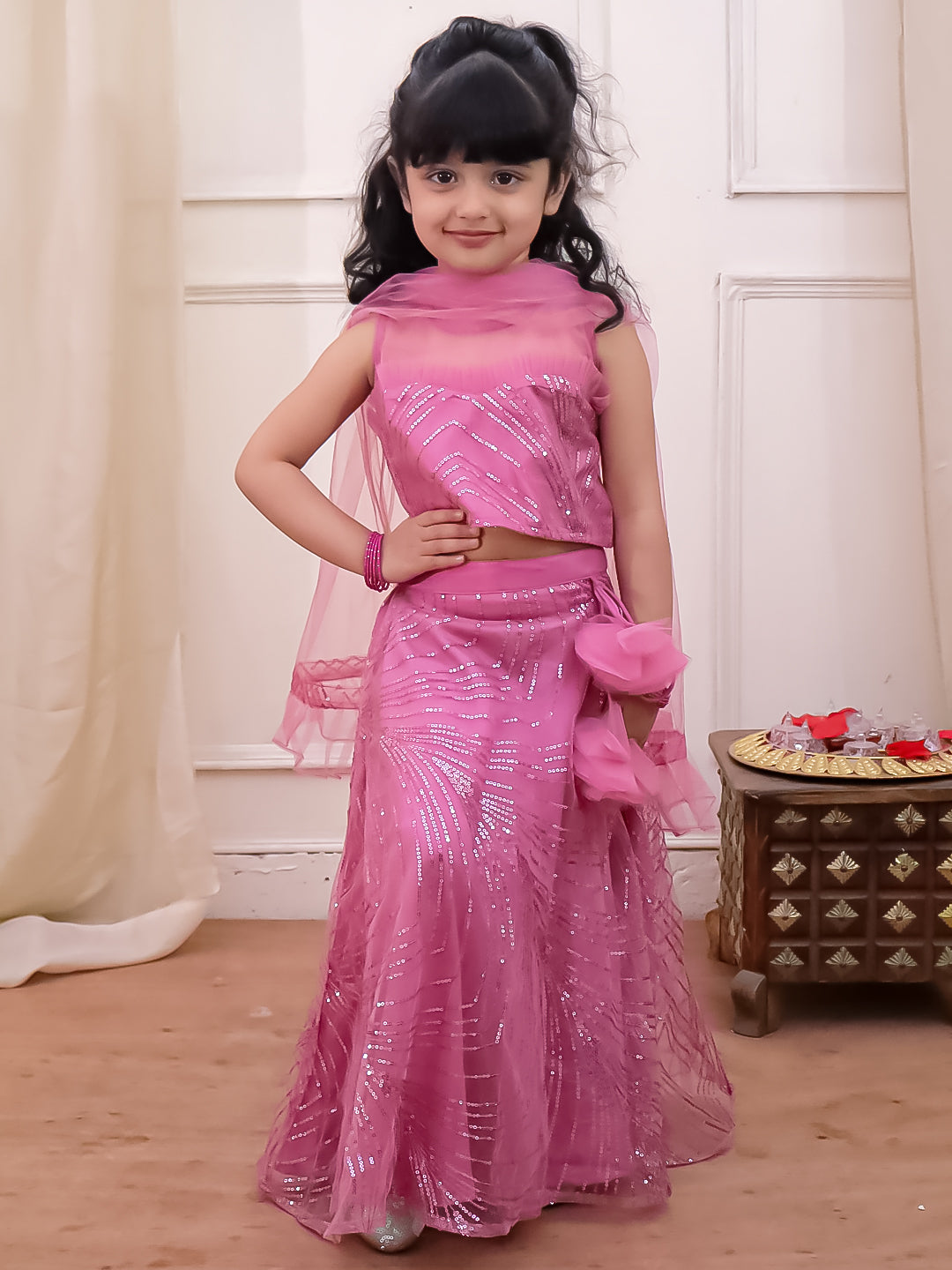 Kid One Starlet Choli with Sequins Net Lehenga and Dupatta Pink