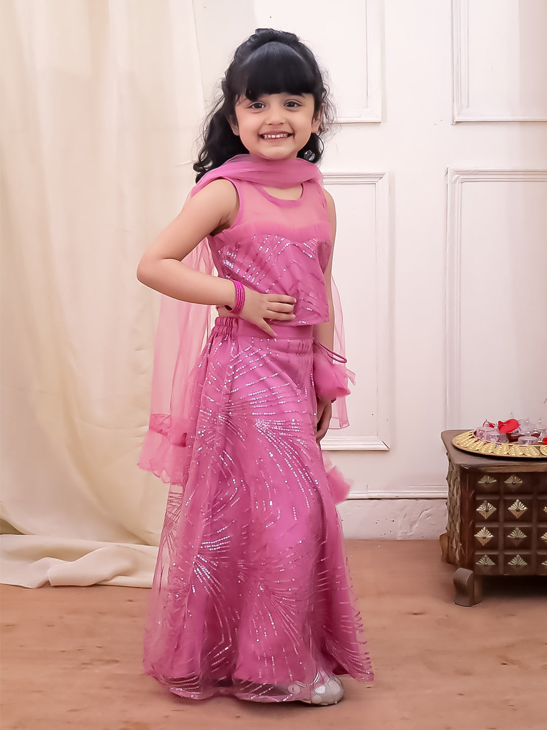 Kid One Starlet Choli with Sequins Net Lehenga and Dupatta Pink