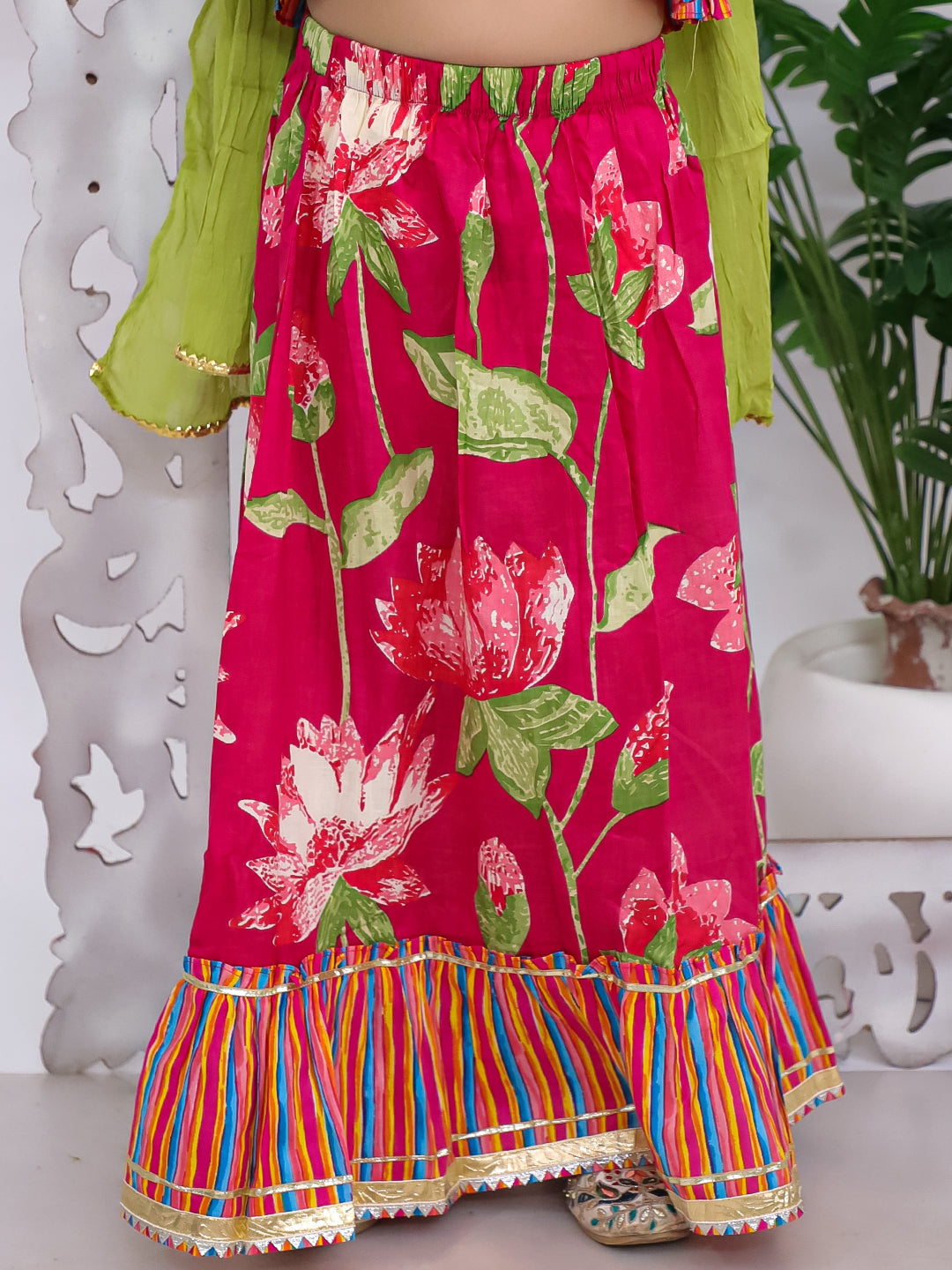 Kid One Floral Cotton Top With Lehenga Dupatta Set For Girls Pink
