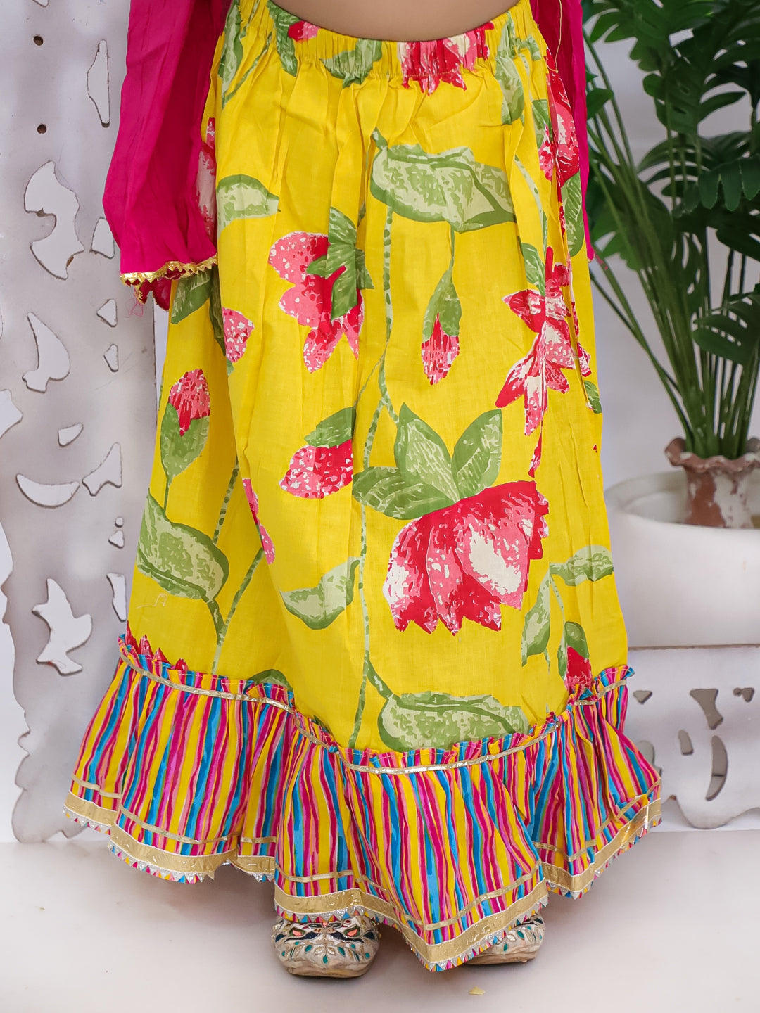 Kid One Floral Cotton Top With Lehenga Dupatta Set For Girls Yellow