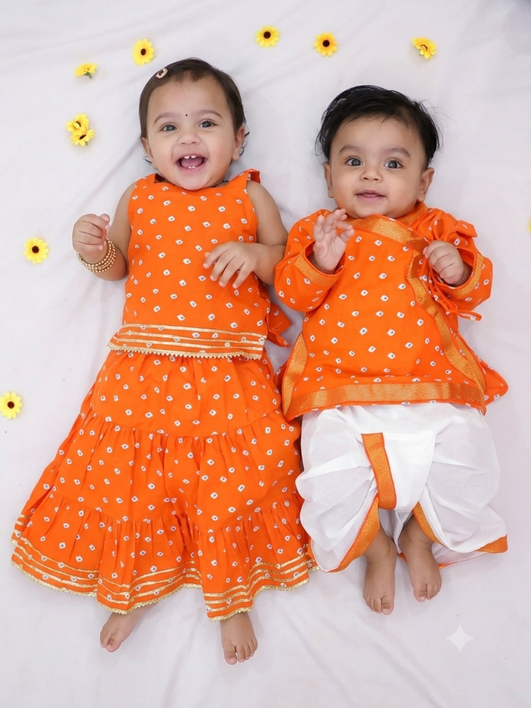 Kid One Pure Cotton Printed Skirt Top For Girls With Pure Cotton Anghrakha Kurta Dhoti Set For Boys - Orange
