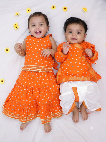 Kid One Pure Cotton Printed Skirt Top For Girls With Pure Cotton Anghrakha Kurta Dhoti Set For Boys - Orange