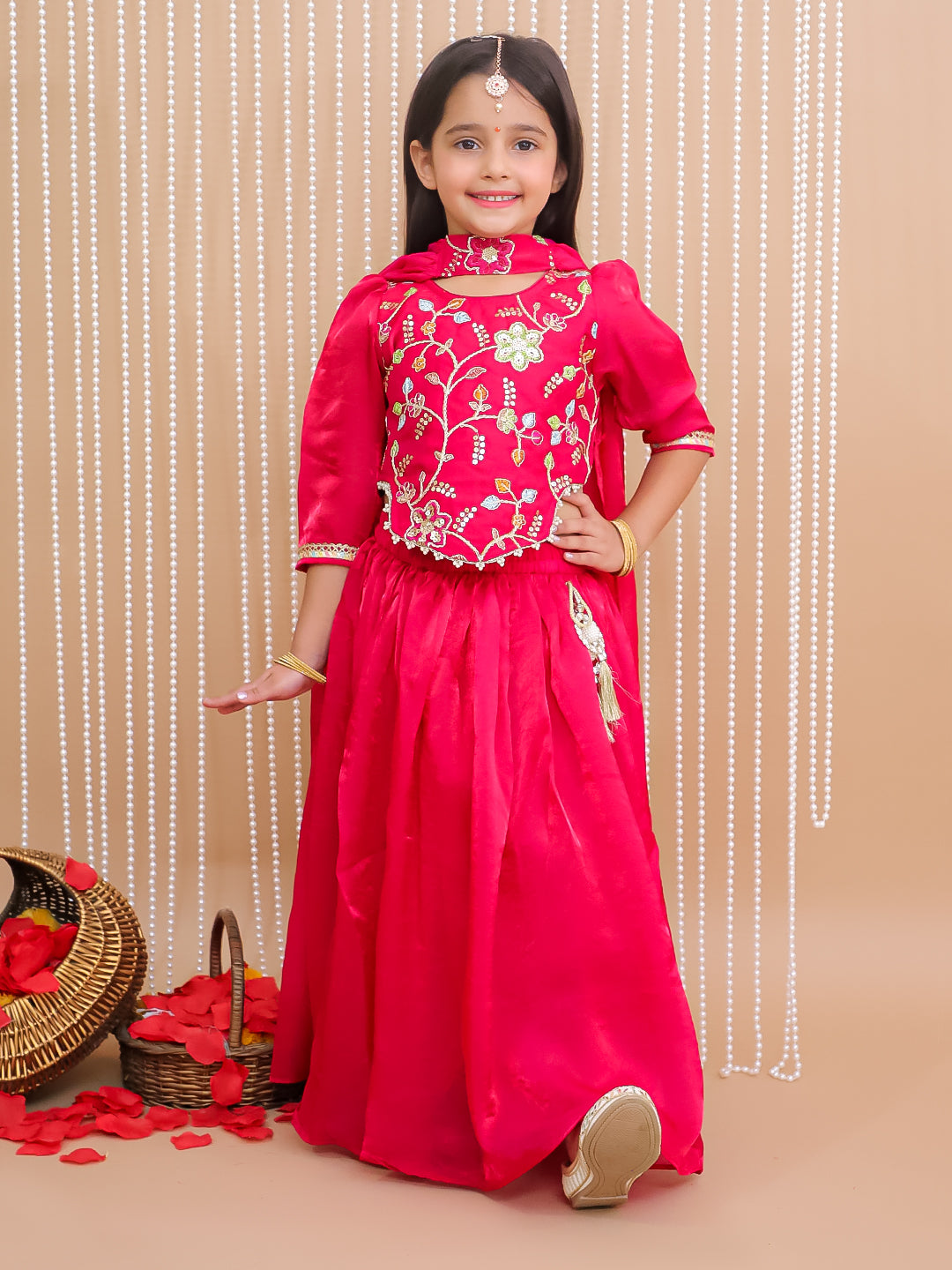 Kid One Silk Zari Embroiderd Ruhani Choli Lehenga Set With Stole Dupatta Set For Girls Pink