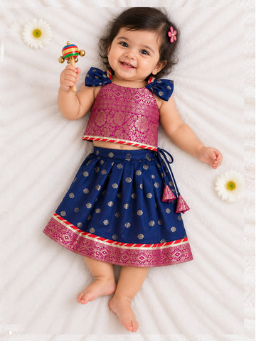 Kid One Jacquard Pattu Pavadai Skirt Top Set For Girls Navy