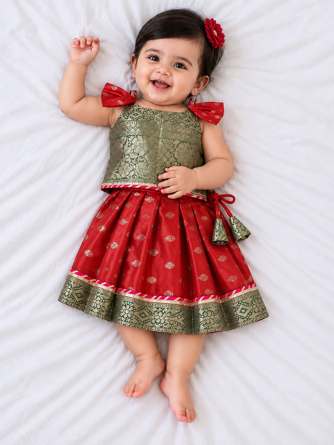 Kid One Jacquard Pattu Pavadai Skirt Top Set For Girls Red