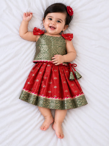 Kid One Jacquard Pattu Pavadai Skirt Top Set For Girls Red