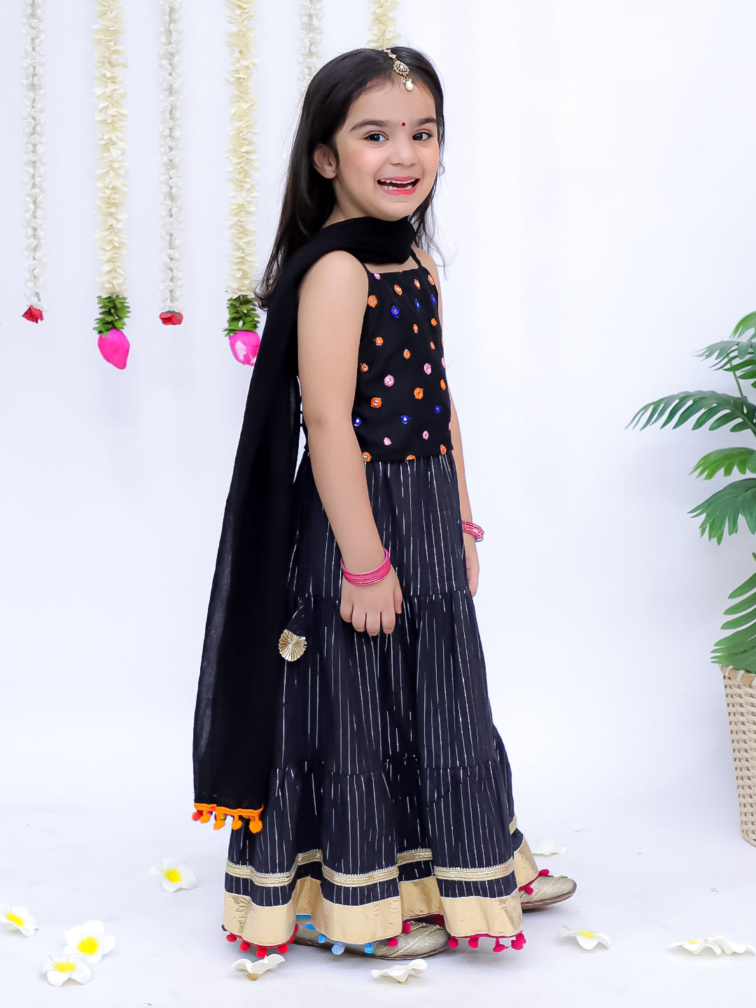 Kid One Rangeela Embroidered Cotton Lehenga Choli For Girls Black