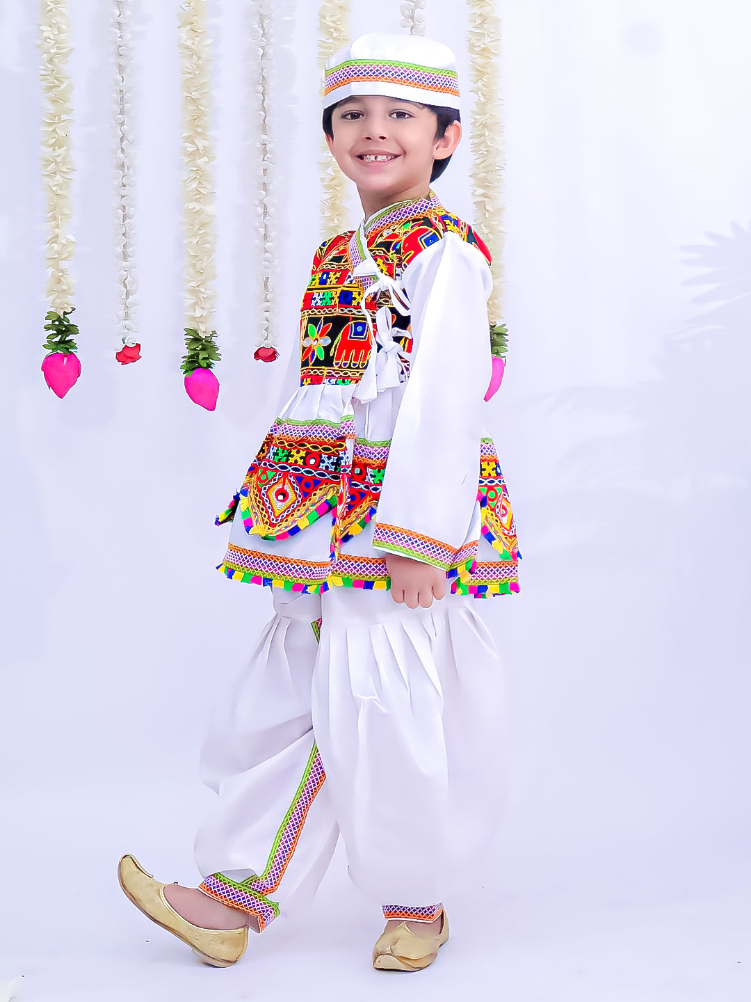Kid One Navratri Printed Cotton Kedia Set For Boys White