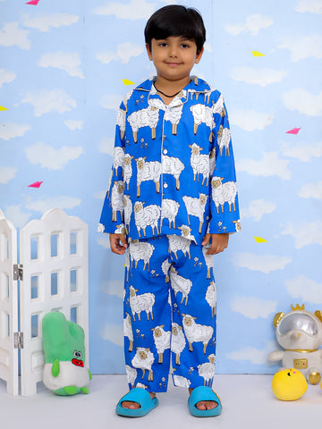 Kid One Little Sheep Print Night Wear For Boys Blue