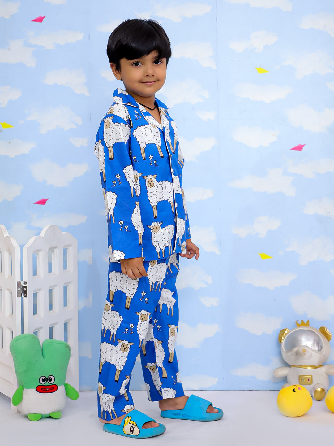 Kid One Little Sheep Print Night Wear For Boys Blue