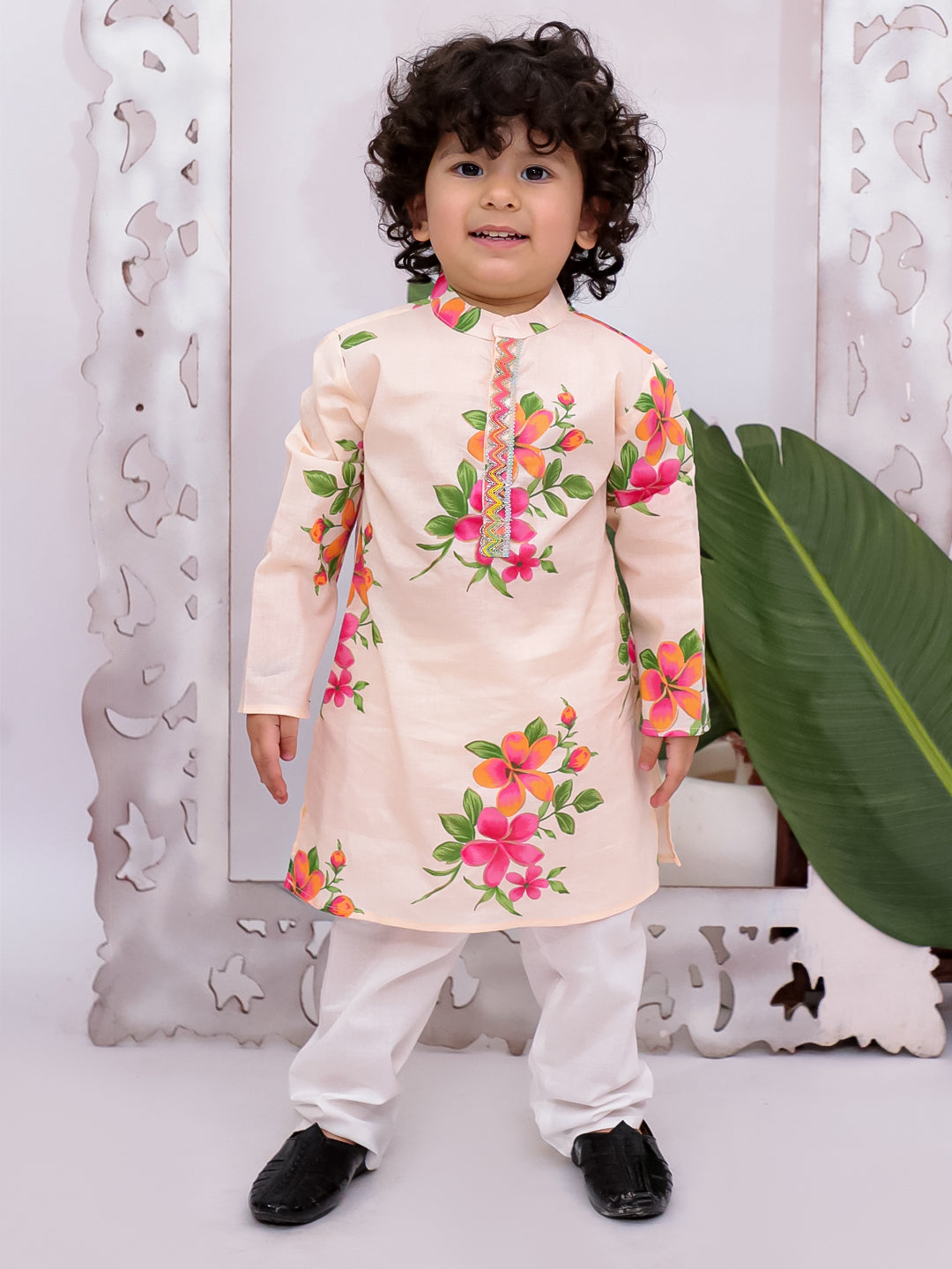 Kid One Full Sleeves Floral Printed Cotton Kurta Pyjama Set For Boys Offwhite