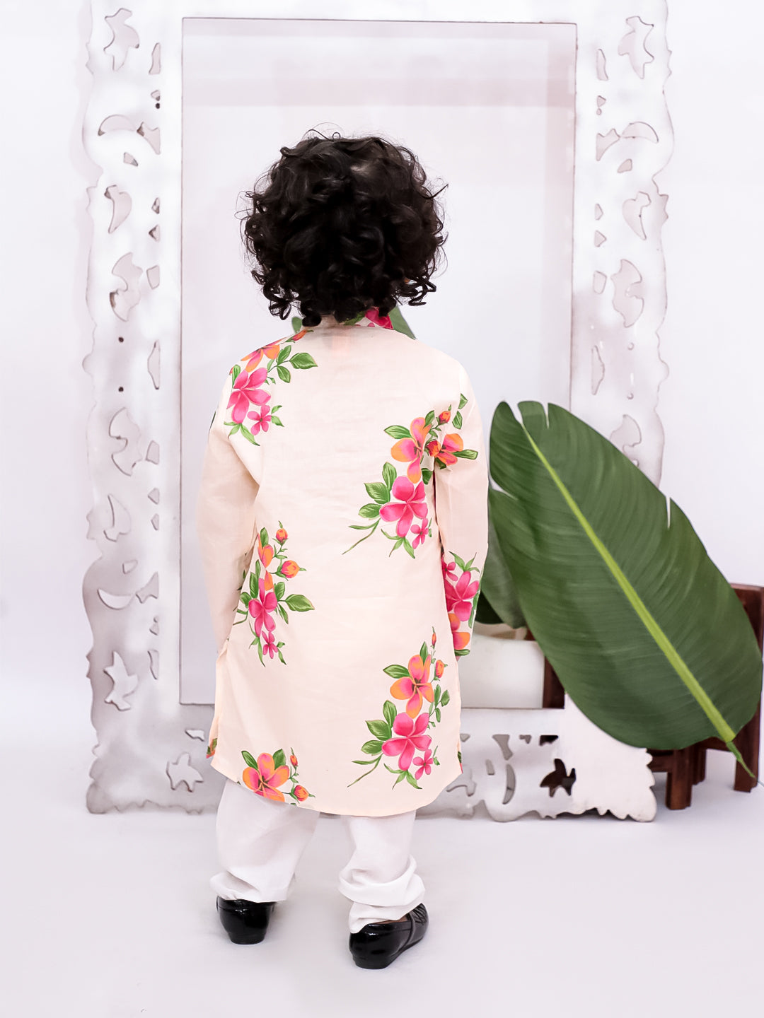 Kid One Full Sleeves Floral Printed Cotton Kurta Pyjama Set For Boys Offwhite
