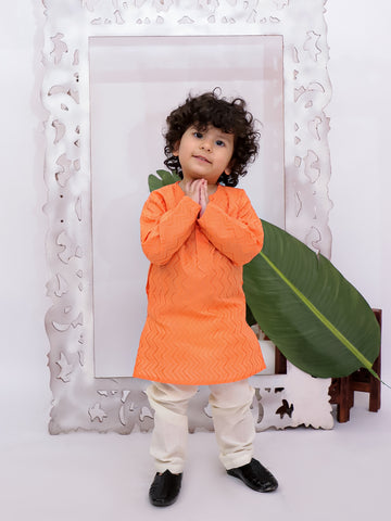 Kid One Full Sleeves Zig Zag Embroidered Cotton Kurta Pyjama Set For Boys Orange