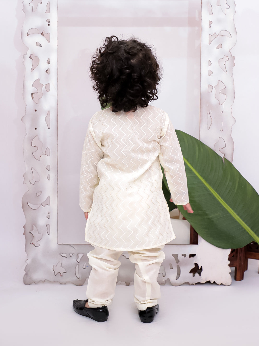 Kid One Full Sleeves Zig Zag Embroidered Cotton Kurta Pyjama Set For Boys Offwhite