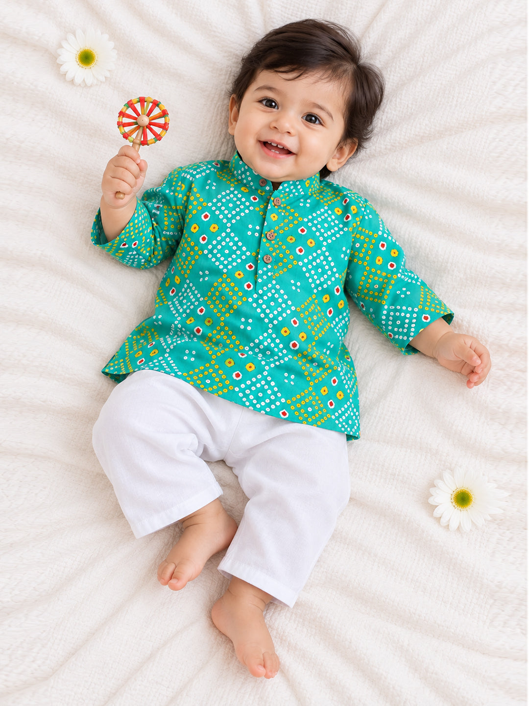 Kid One Infants Bandhej Print Cotton Kurta With Pyjama Set For Boys Green