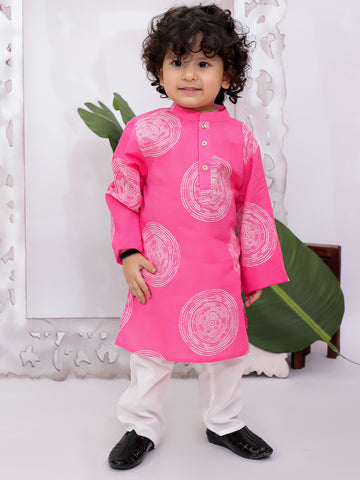 Kid One Full Sleeves Printed Cotton Kurta Pyjama Set For Boys Pink