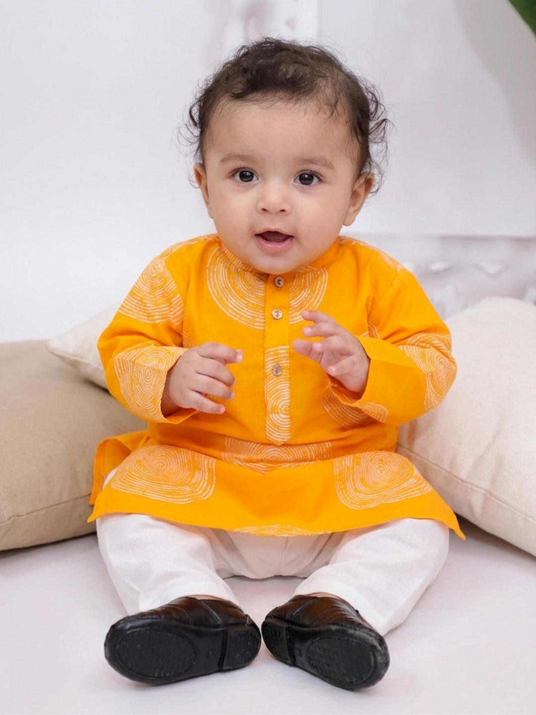 Kid One Infant Full Sleeves Printed Cotton Kurta Pyjama Set For Boys Orange