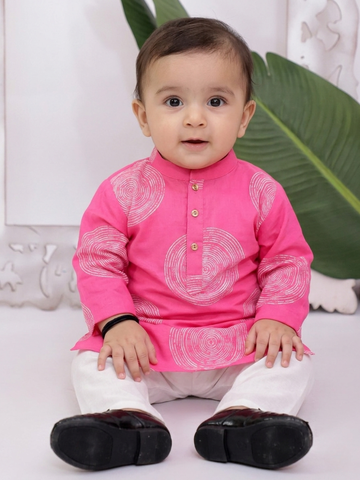 Kid One Infant Full Sleeves Printed Cotton Kurta Pyjama Set For Boys Pink