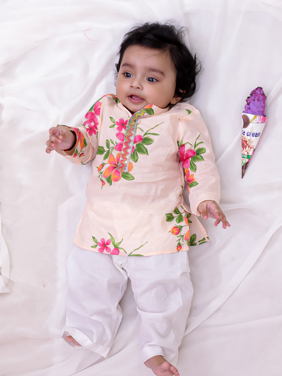 Kid One Infant Full Sleeves Floral Printed Cotton Kurta Pyjama Set For Boys Offwhite