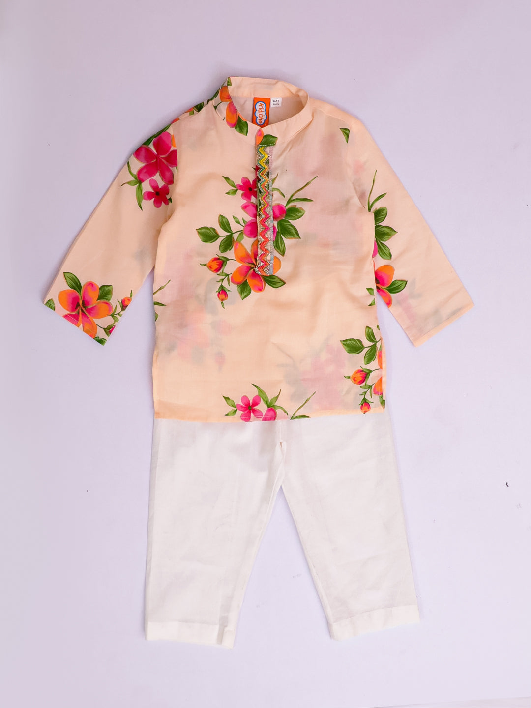 Kid One Infant Full Sleeves Floral Printed Cotton Kurta Pyjama Set For Boys Offwhite