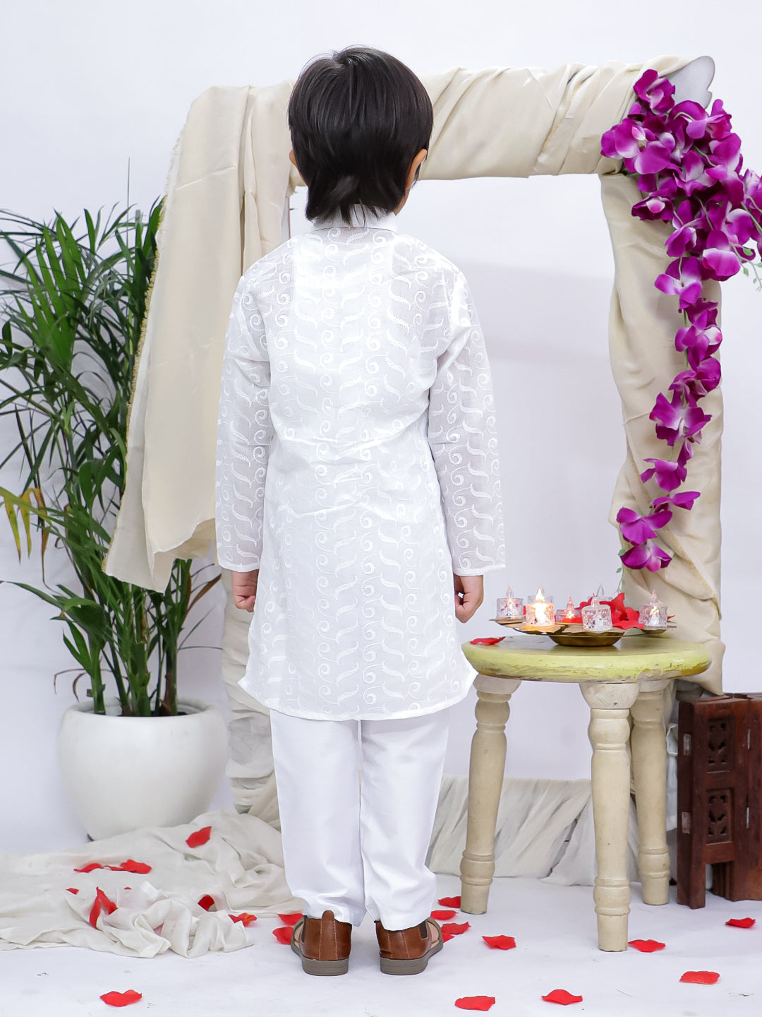 Kid One Pure Cotton Chikankari Kurta Pajama Set For Boys White