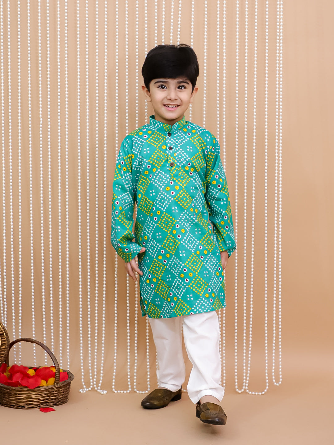 Kid One Bandhej Print Cotton Kurta With Pyjama Set For Boys Green