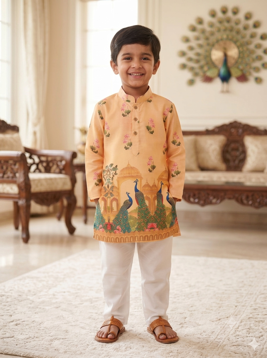 Kid One Cotton Printed Kurta Pyjama Set For Boys Yellow