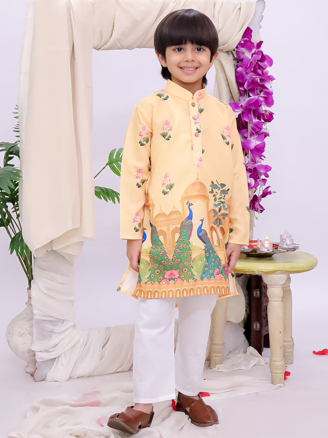 Kid One Peacock Printed Kurti Dhoti & Dupatta Set With Printed Kurta & Pyjama Set - Green & Yellow