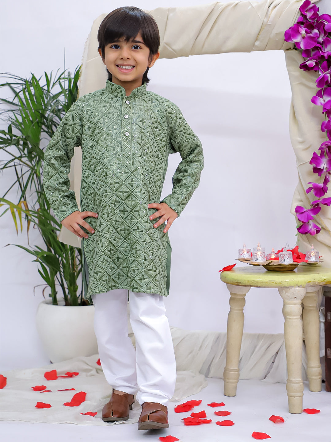 Kid One Sequins Work Kurta Pyjama Set For Boys Green