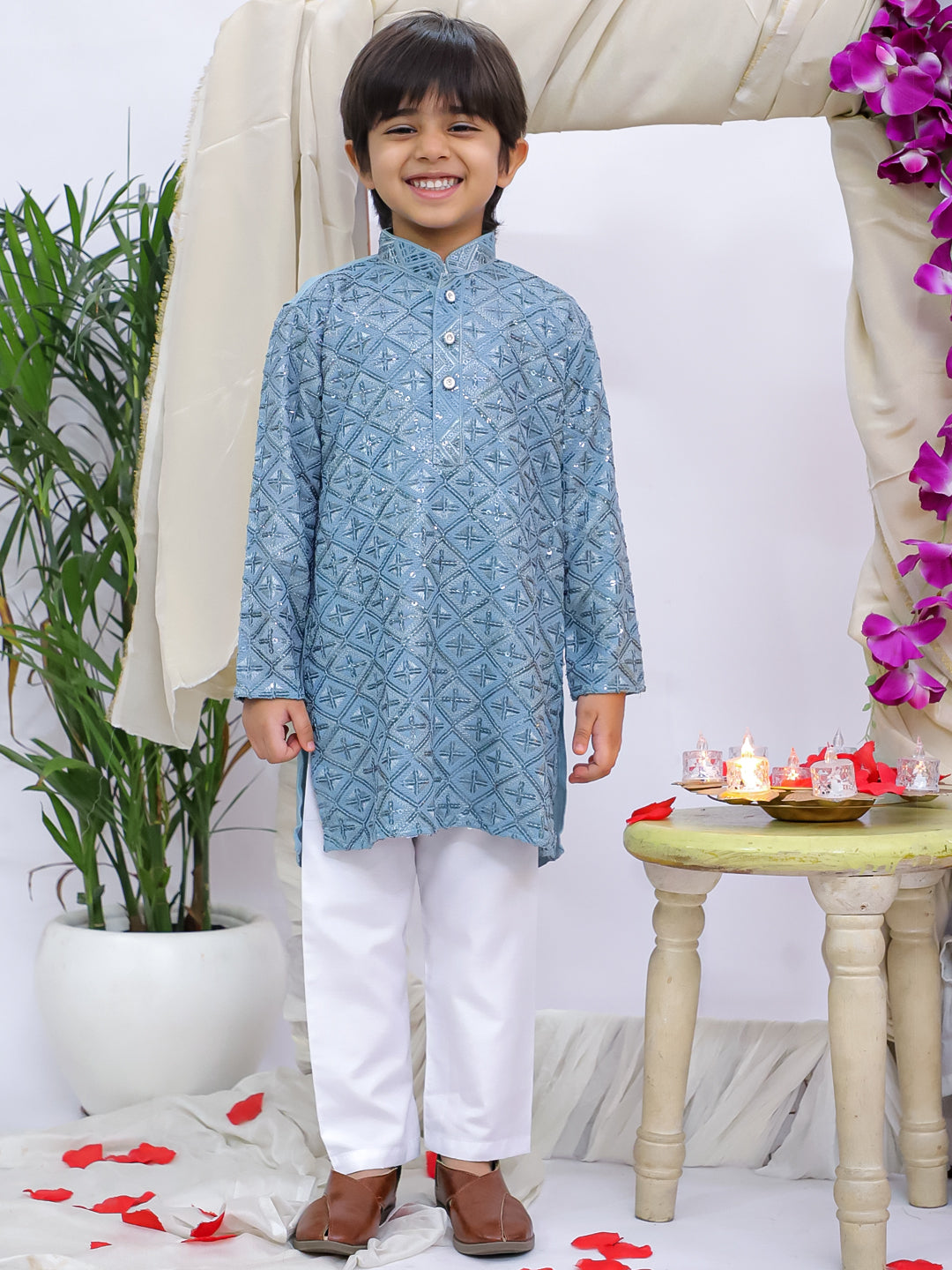 Kid One Sequins Work Kurta Pyjama Set For Boys Grey