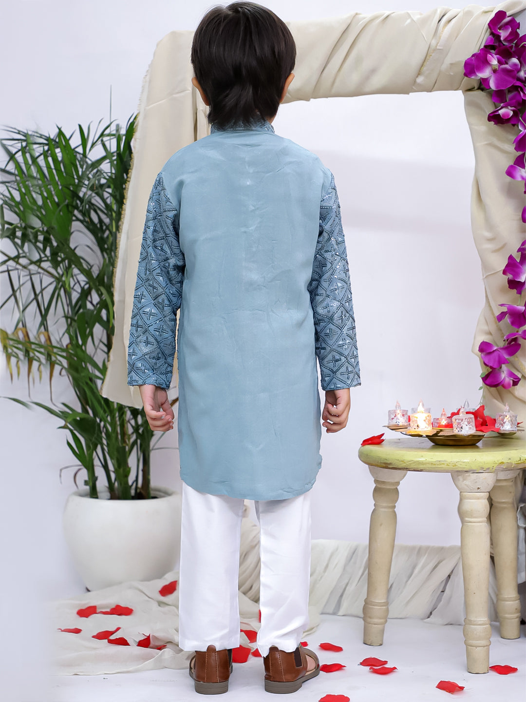Kid One Sequins Work Kurta Pyjama Set For Boys Grey