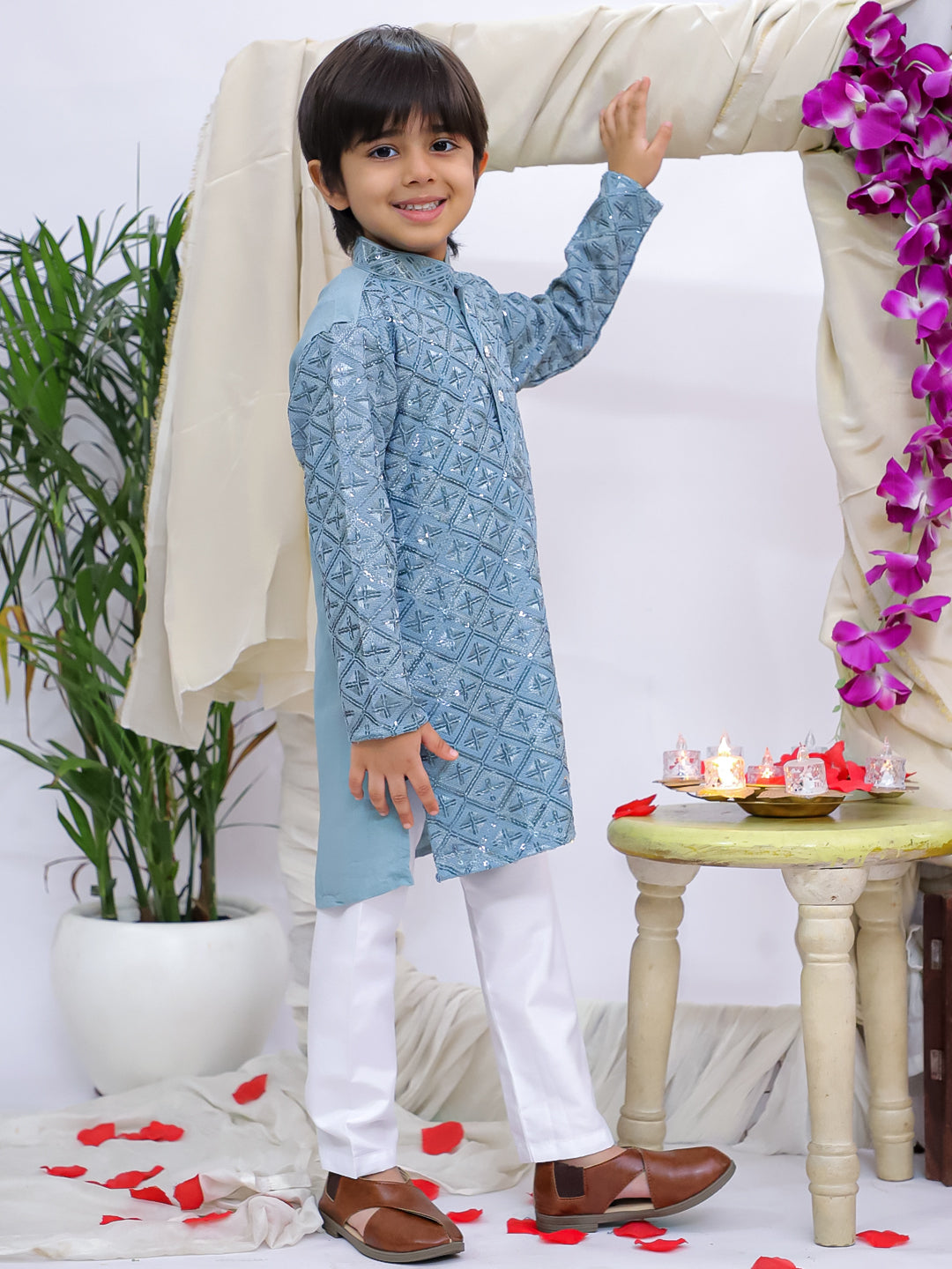 Kid One Sequins Work Kurta Pyjama Set For Boys Grey