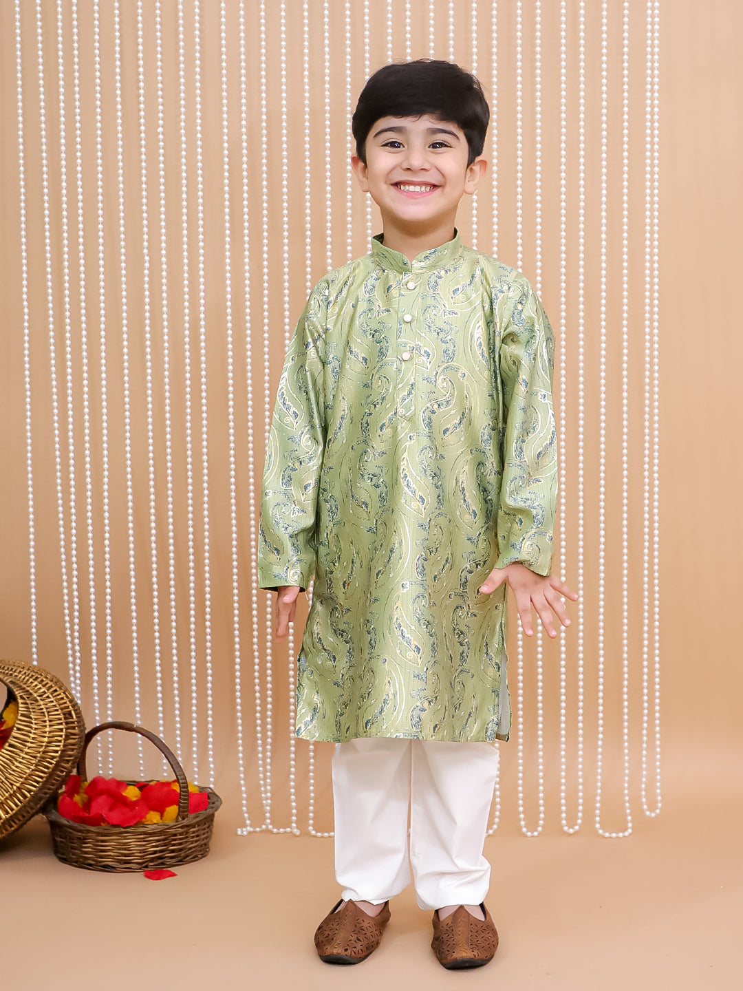 Kid One Foil Printed Kurta Pajama Set For Boys Green