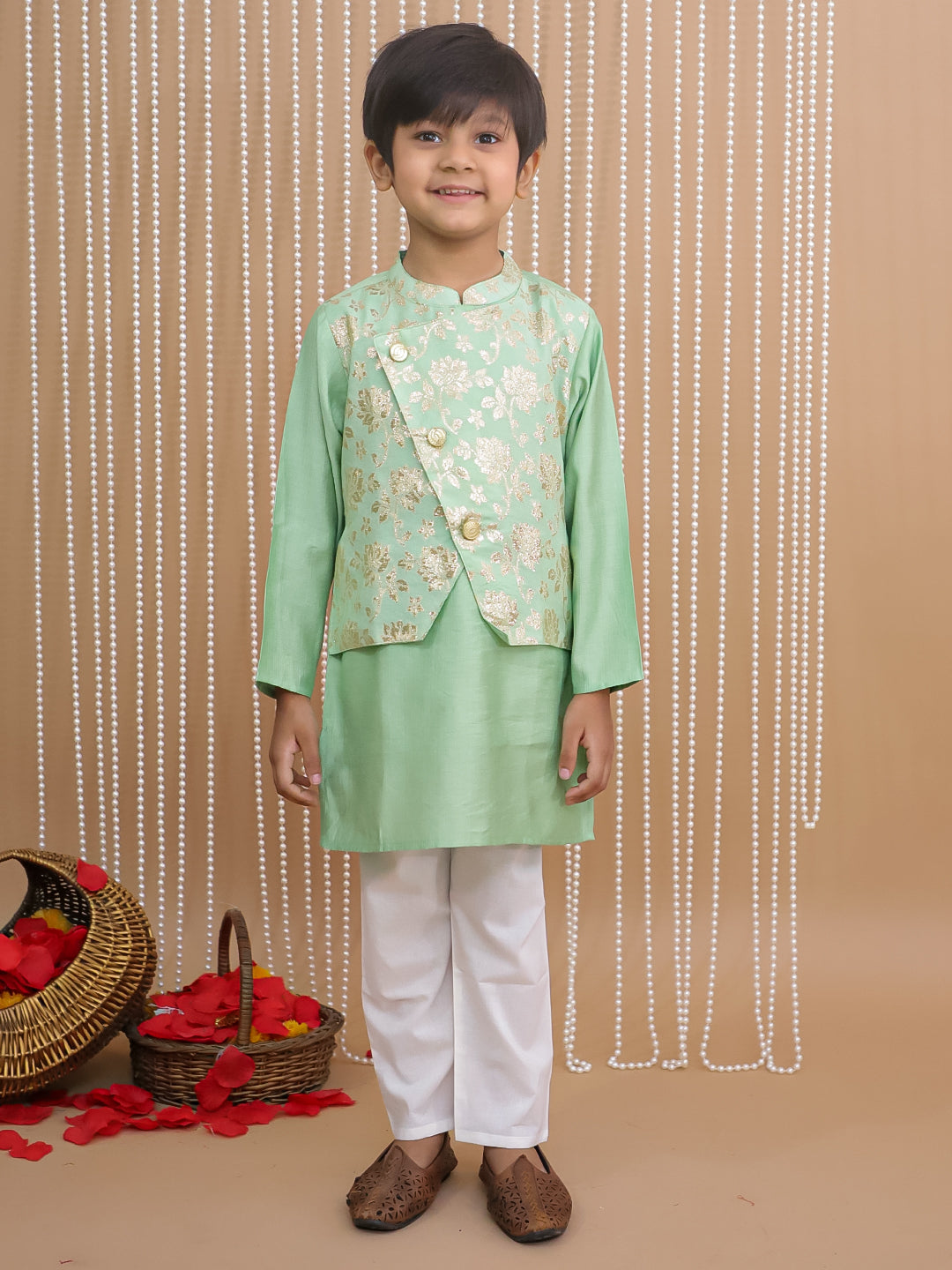 Kid One Jacquard Kurta Pajama With Attached Jacket For Boys Green