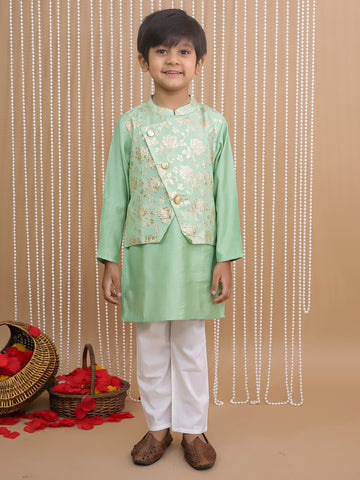 Kid One Jacquard Kurta Pajama With Attached Jacket For Boys Green