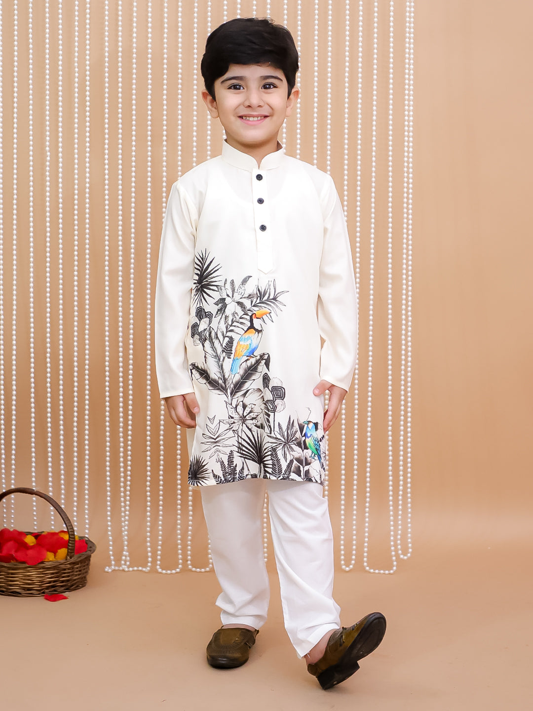 Kid One Full Sleeves Digital Print Kurta Pyjama Set For Boys Offwhite