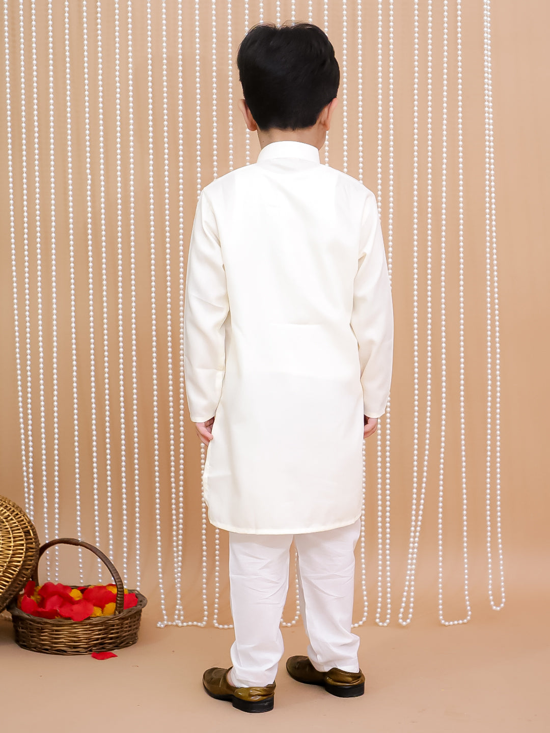 Kid One Full Sleeves Digital Print Kurta Pyjama Set For Boys Offwhite