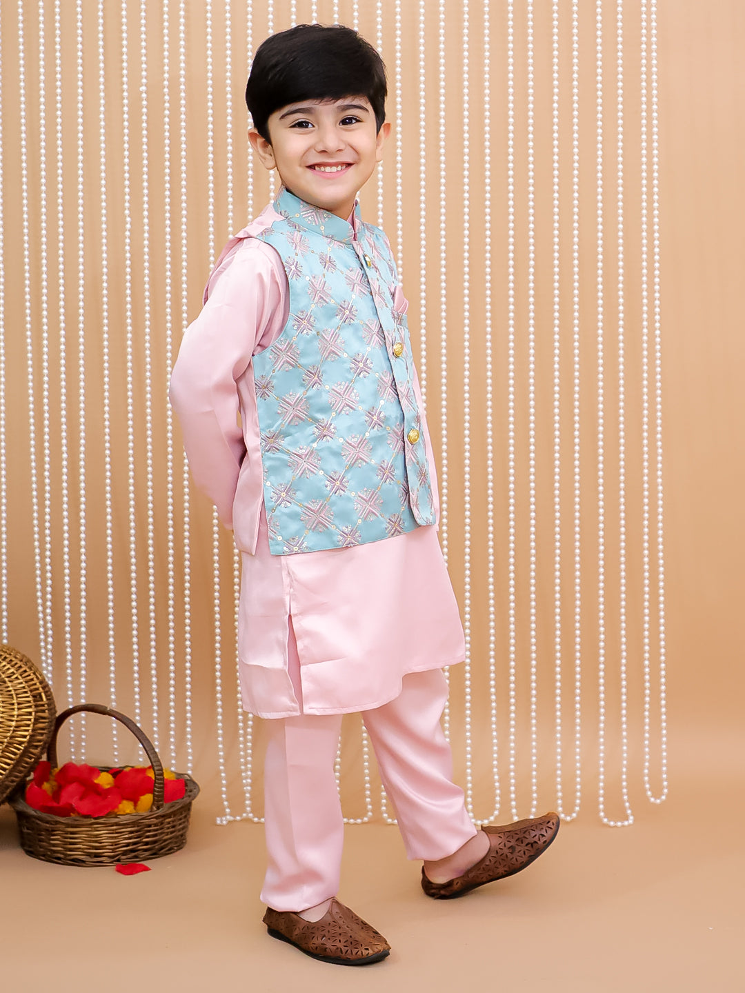 Kid One Kurta Pajama With Embroidered Jacket For Boys Peach
