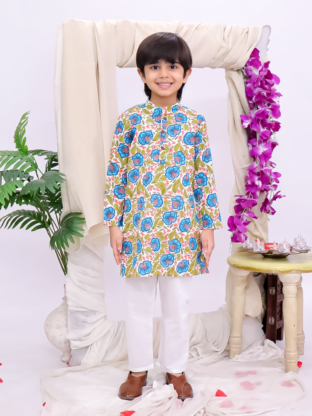 Kid One Phool Bahar Pure Cotton Kurta Pajama With Jacket Set For Boys Blue