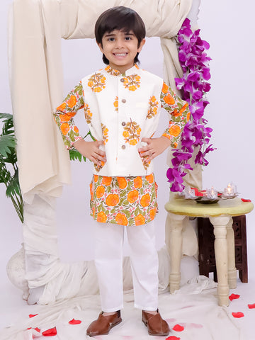 Kid One Phool Bahar Pure Cotton Kurta Pajama With Jacket Set For Boys Orange