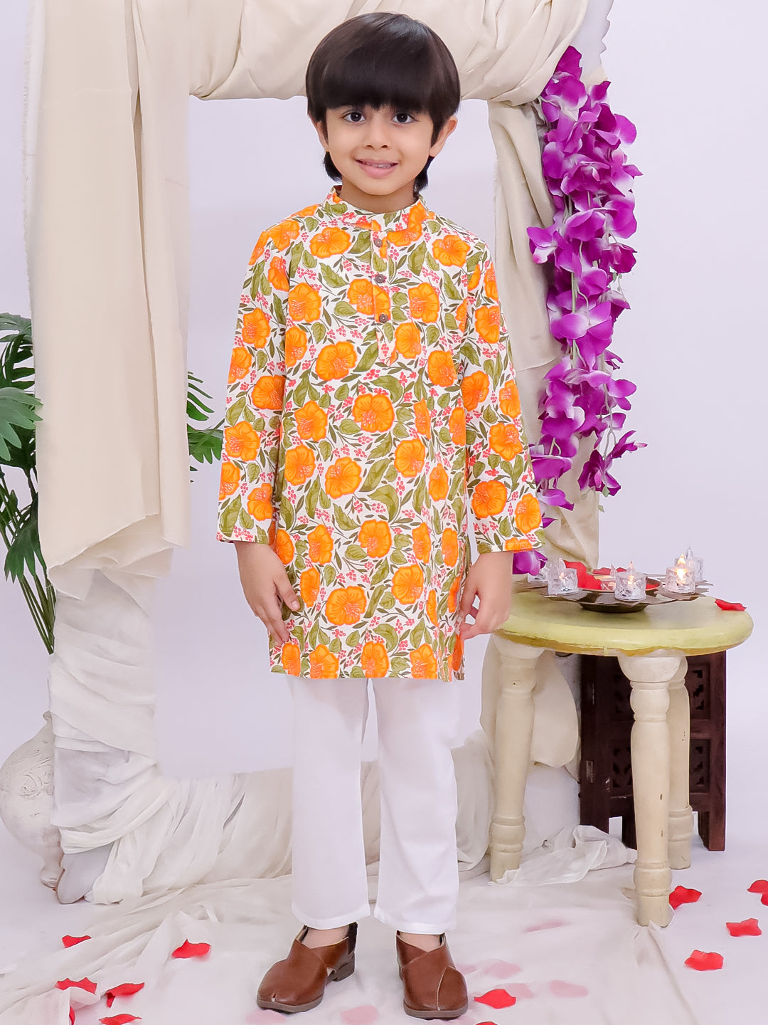 Kid One Phool Bahar Pure Cotton Kurta Pajama With Jacket Set For Boys Orange